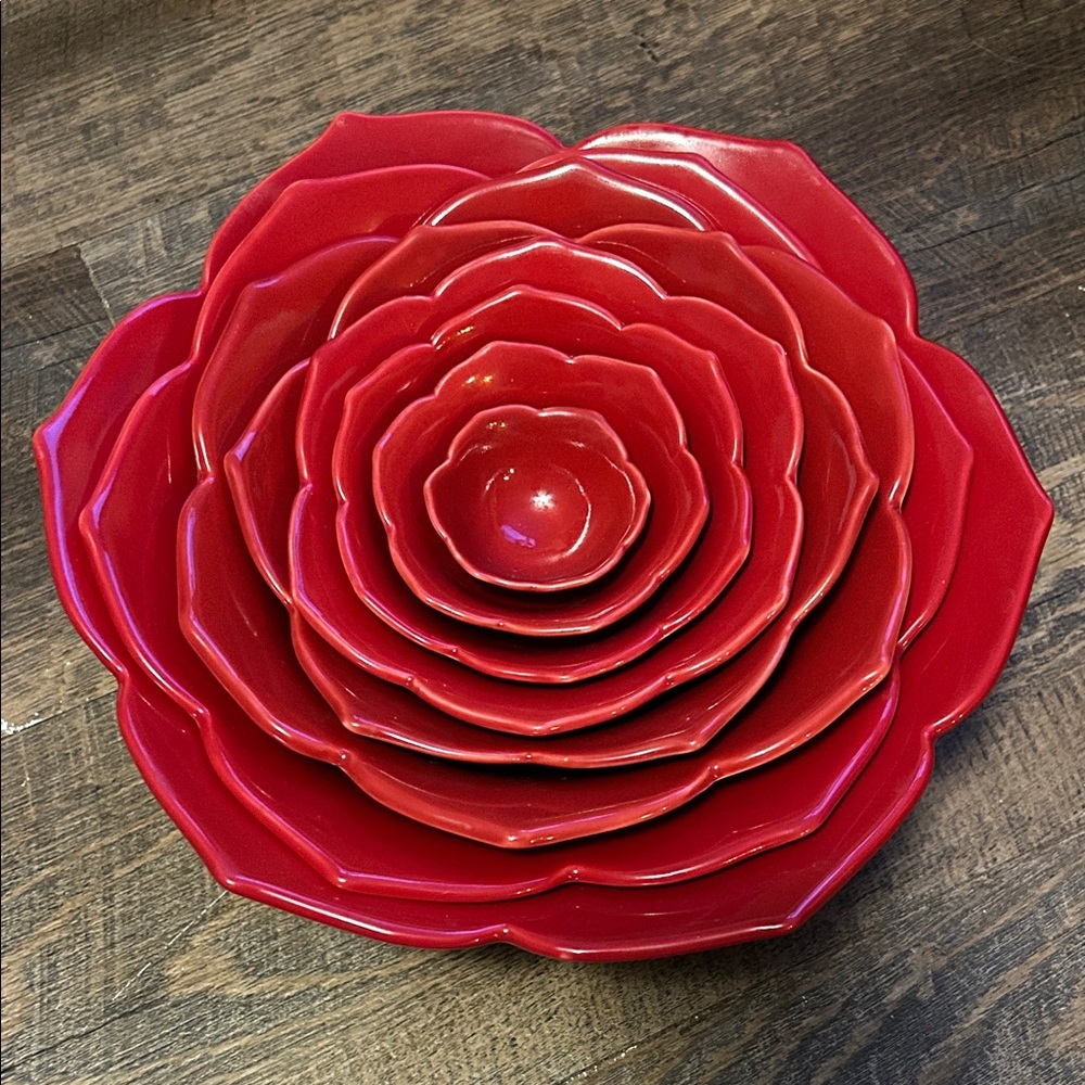 Whitney Smith Pottery Red Lotus Pattern Set of 8‎ Nesting Bowls